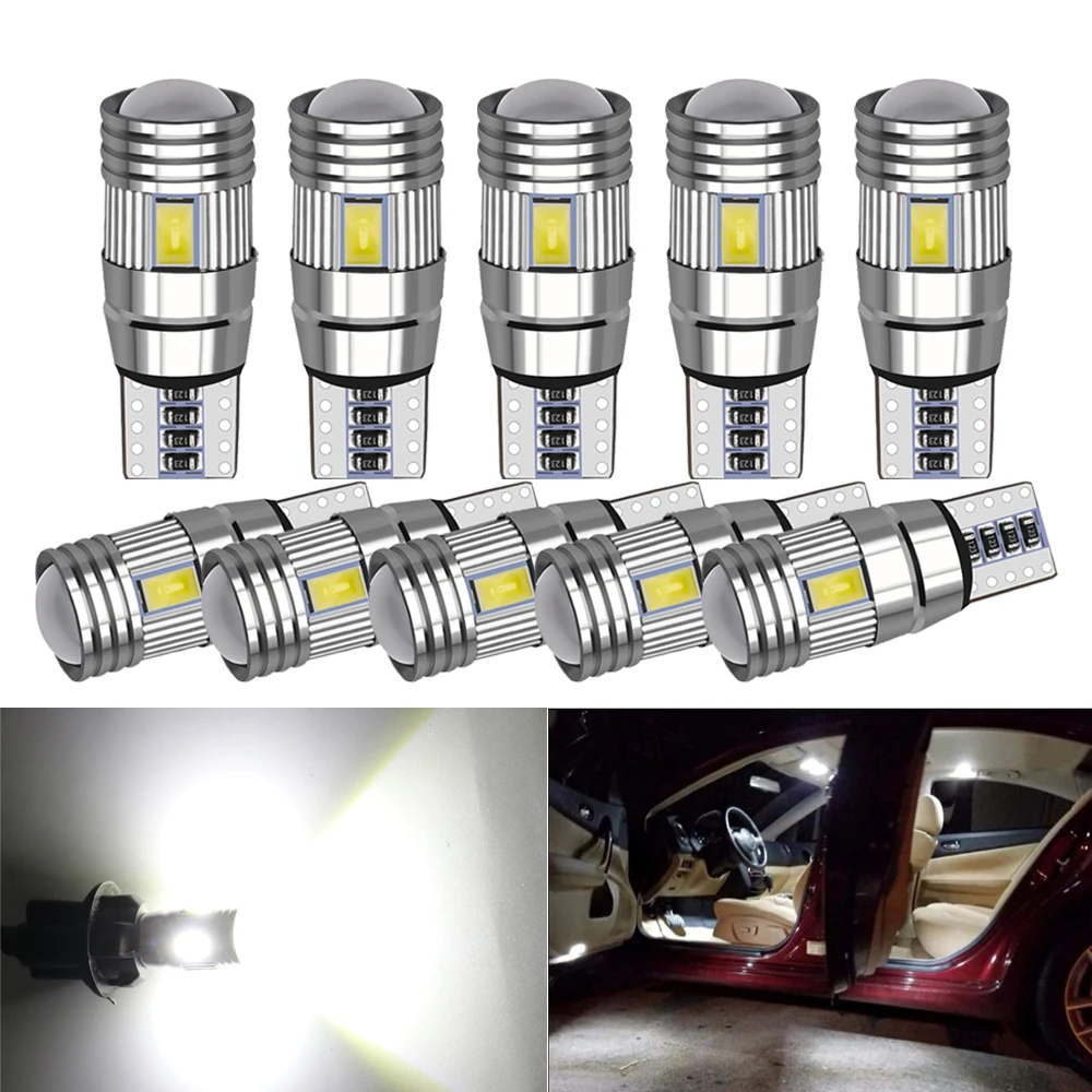2 / 4 10 PCS клиновидная T10 W5W светодиодная лампочка Canbus 12V 5630 - 6SMD 7000K Белая внутренняя