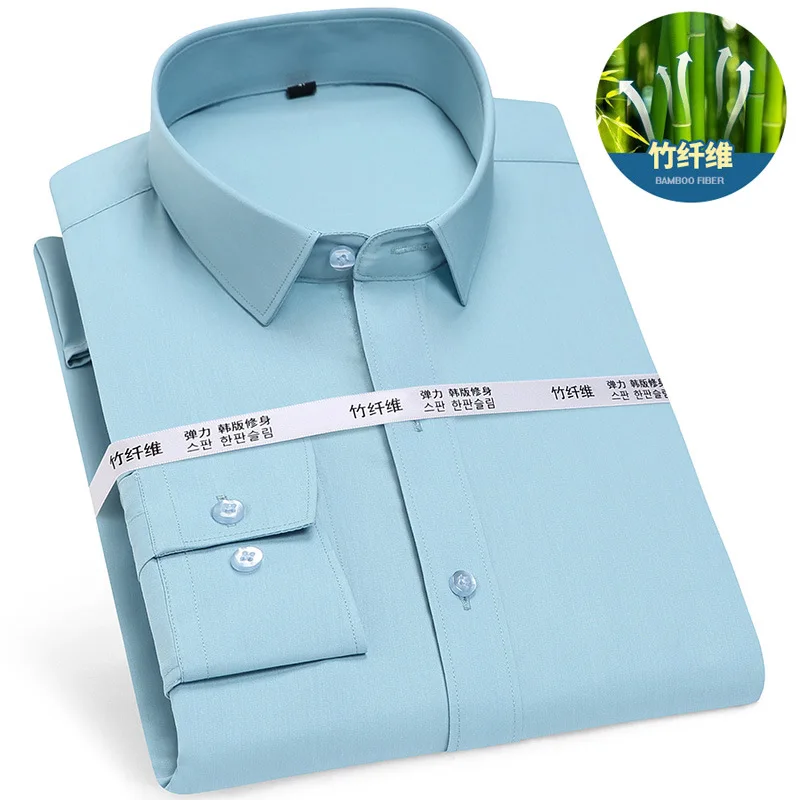 Casual Long Sleeve Shirt for Men Soft Cozy Bamboo Fiber Anti-Wrinkle No-Ironing Solid Color Business Male Social Formal Shirts