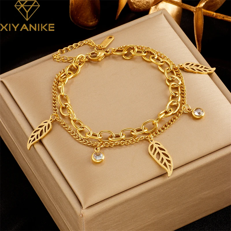 

XIYANIKE 316L Stainless Steel Bracelet Golden Leaves Pendant Accessories for Women Newly Arrived Christmas Jewelry Gifts Pulsera
