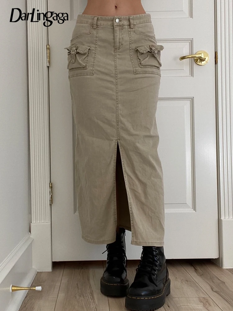 

Darlingaga Retro Fashion Y2K Low Waist Denim Cargo Skirt Women Streetwear Pockets Split Long Skirts Chic Outfits Fairycore Basic