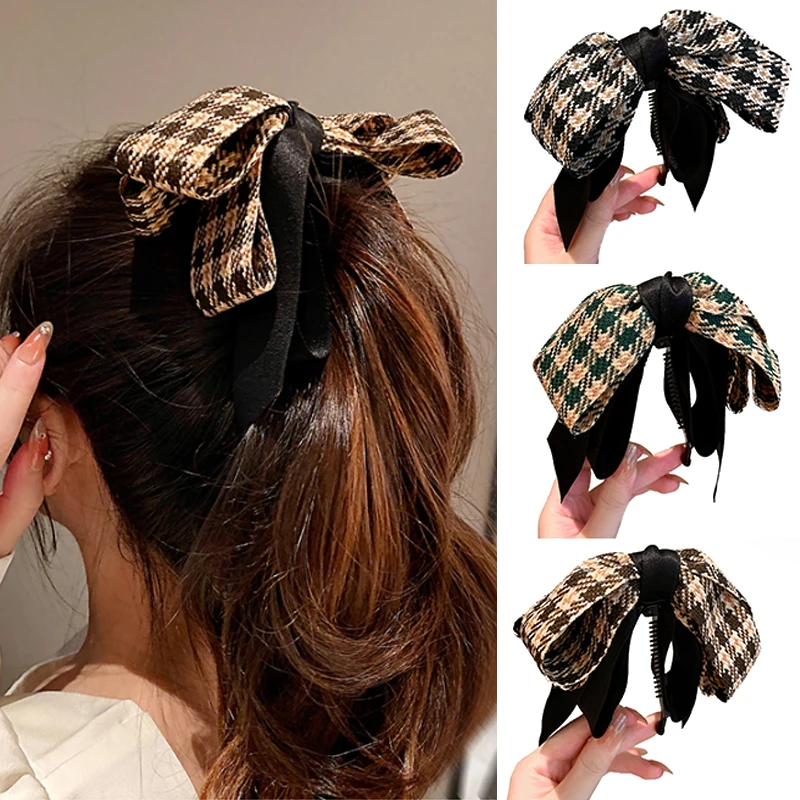 

Vintage Green Houndstooth Bow Hairpin Ribbon Banana Clip Retro High Ponytail Hair Clips Spring Clip Hair Accessories Women Gift