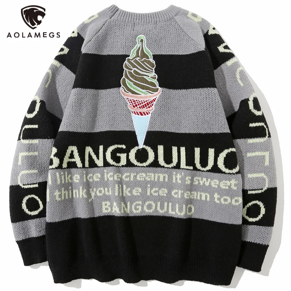 

Aolamegs Men Baggy Sweater Splicing Letter ice cream Graphic Long Sleeves Pullover Autumn Casual Tops Hip Hop Fashion Streetwear