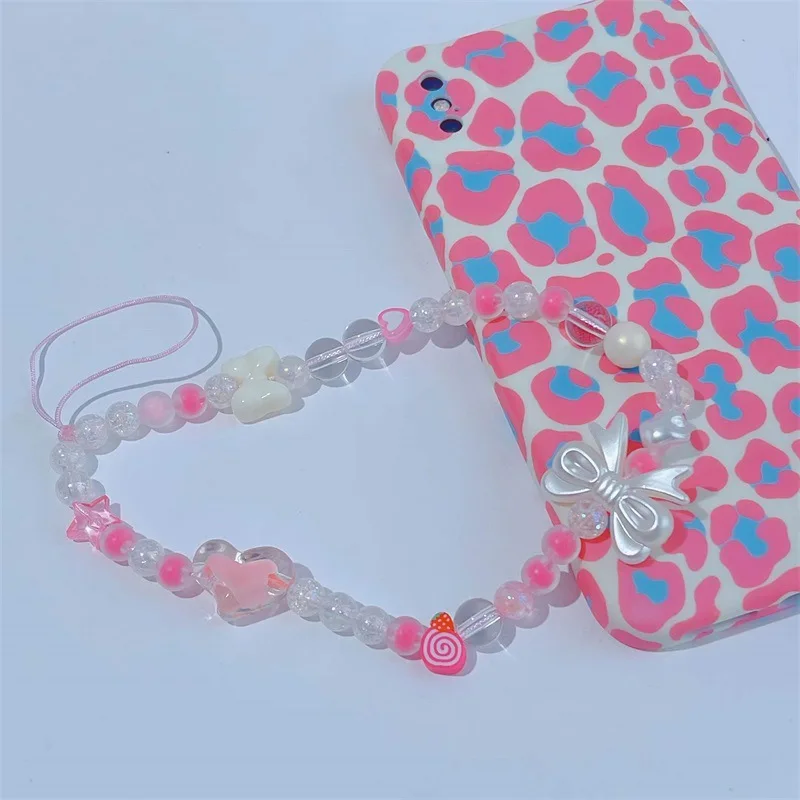 Resin Bow Heart Shaped Geometric Acrylic Beaded Ins Style Pink Bracelet Anti-Lost Lanyard Ladies Mobile Phone Chain Accessories