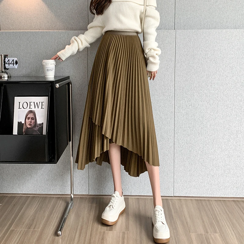 

Vintage Irregular Asymmetrical Pleats Folds Solid Women's Skirt Korean Fashion Elastic High Waist Mid-calf Long Skirts for Women