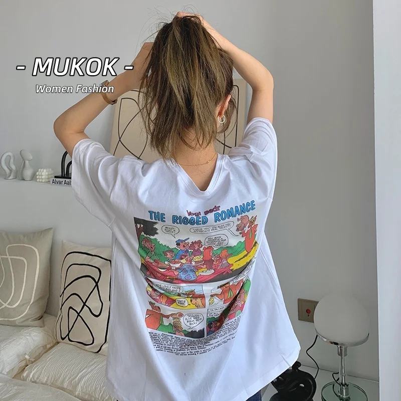 

MUKOK New Loose Short Sleeve T-shirt Korean Style Cartoon Print Women's Oversized Shirt Tops