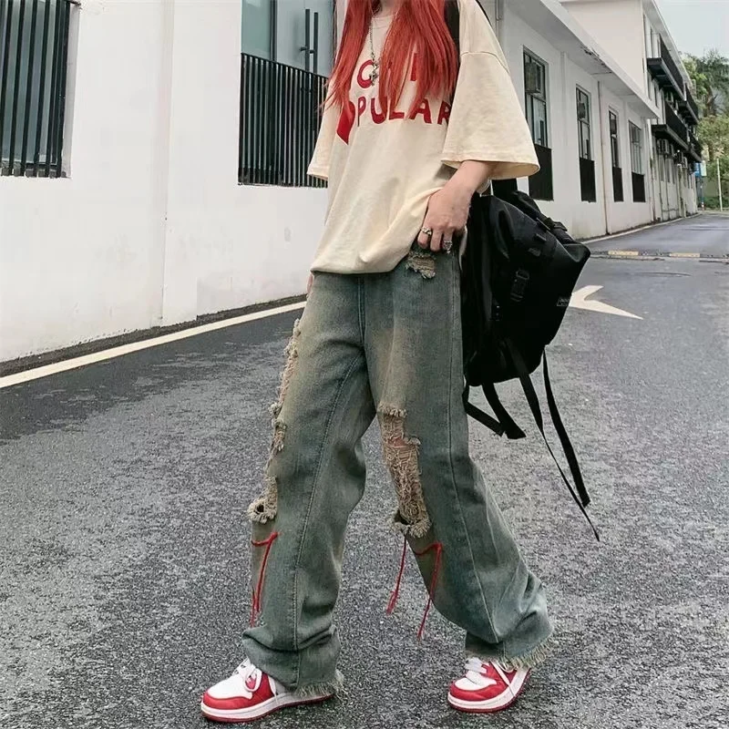 

Hot jeans,2023 Hole Trend Girl Denim Straight Pants Y2K Hiphop High Street Retro Hot Hig Waist Baggy Wide Leg Jeans Woman