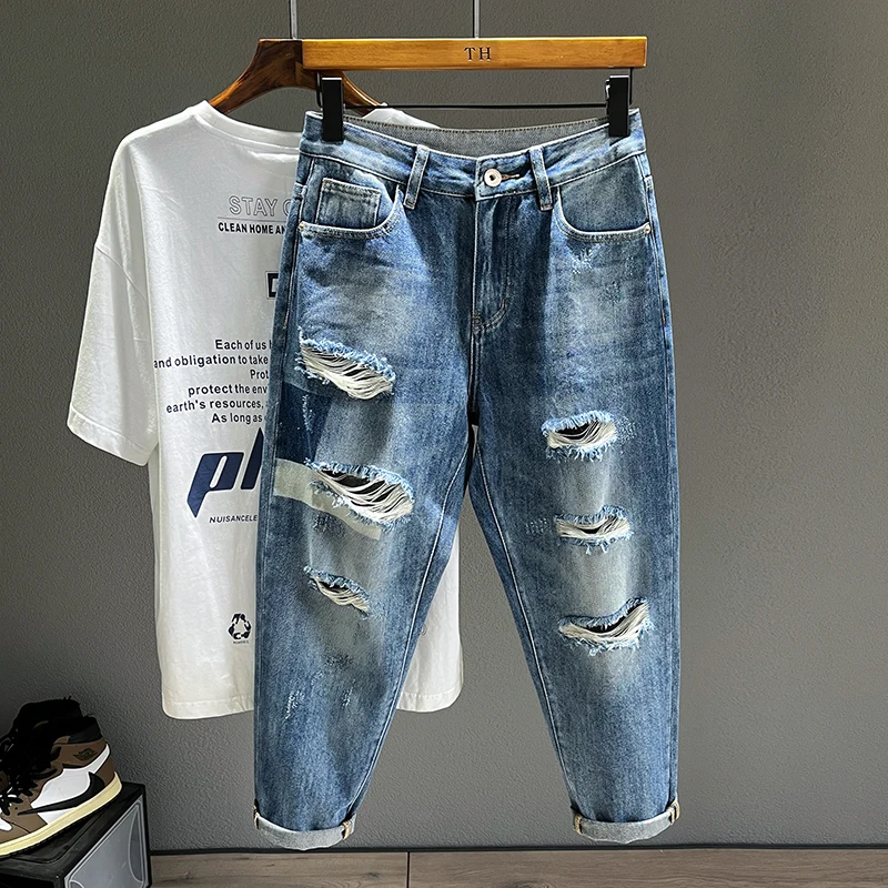 New Men Jeans Classic Blue Ripped Hole Hip Hop Streetwear Vintage Dilapidated Male Clothing Ankle-Length Denim Pants |