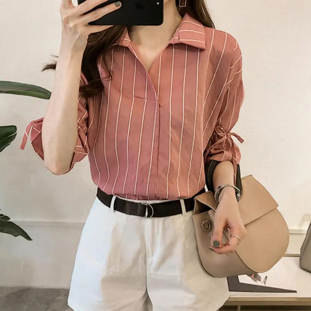 

blusas shirts Lapel V-Neck Half Sleeve High-low Hem Summer Shirt Vertical Striped Print Bowknot Cuffs Shirt blusas mujer