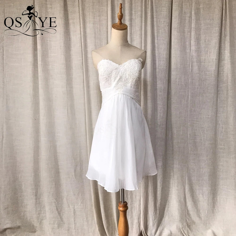 

Cute Short White Wedding Dress A line Chiffon Bride Dress Lace Appliques Sweetheart Neck Short Cheap Price White Wedding Dress