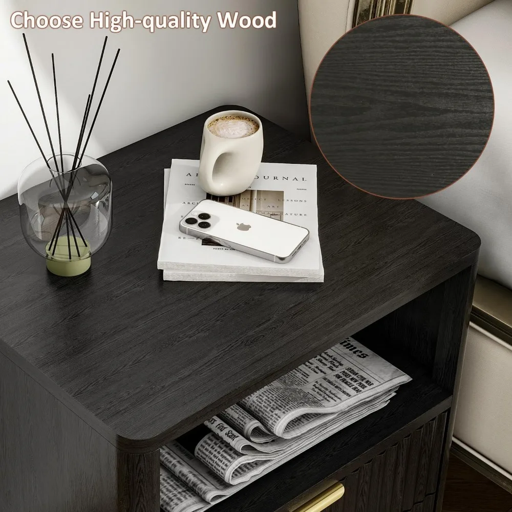 Набор рифленых тумбочек из 2 шт. черные прикроватные тумбочки с ящиками и