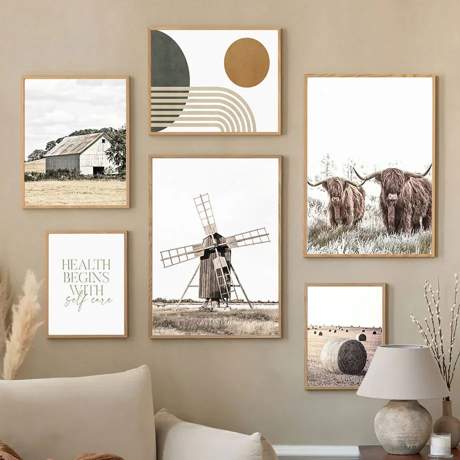 Windmill Farm Montain Horse Geometric Abstract Living Room Decor Poster And Print Wall Art Canvas Painting Home Pictures