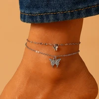 fashion bohemia vintage double layer butterfly chain anklets for women foot accessories summer beach barefoot sandals bracelet
