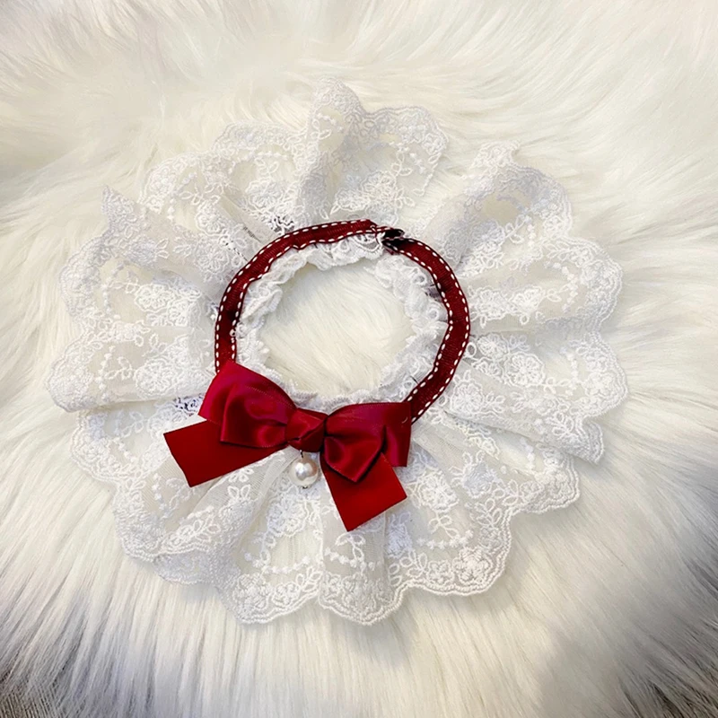 

Handmade White Cotton Cloth Pet Dog Collars Cute Bow Pearl Neckerchief Bibs For Small Medium Dog Chihuahua Jewelry Accessories