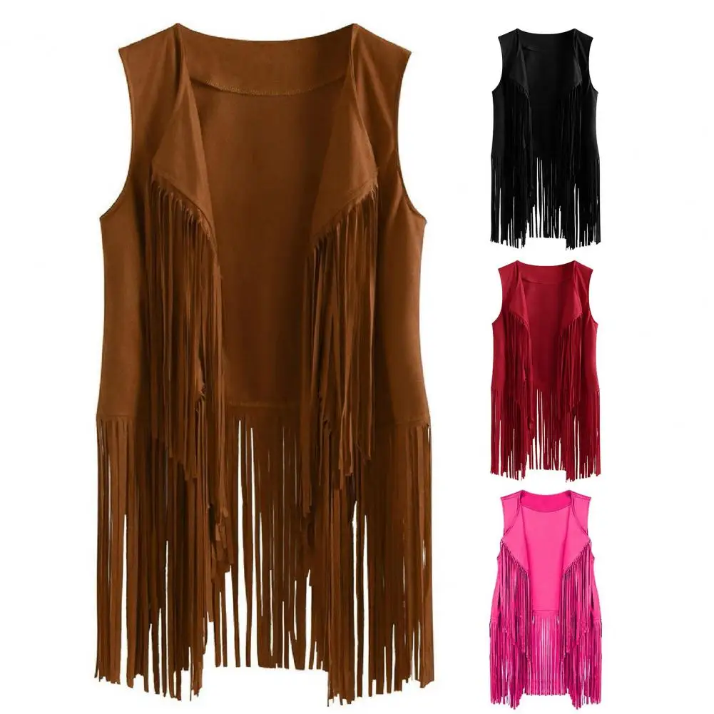 

Women Cardigan Tassel Fringed Solid Color Open Stitch Vintage Sleeveless Stage Performance Role Play Lady Waistcoat