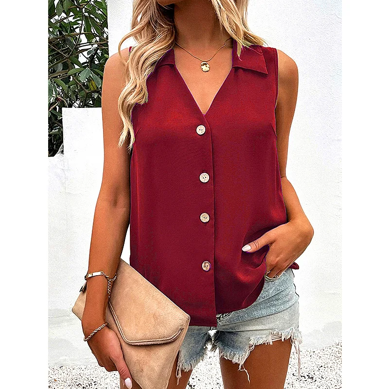 

Women's Summer T-Shirt Vest Casual Fashion Solid Color Tank Tops Oversize V-Neck Sleeveless Button Female Single-breasted Blouse