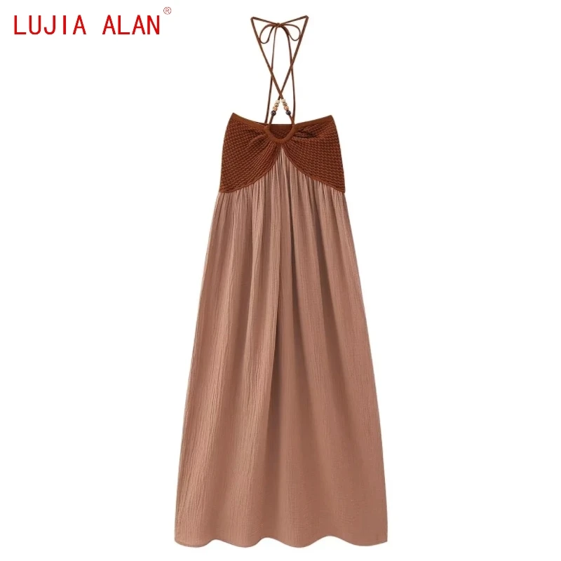 

Autumn New Women's Knitted Patchwork Halter Midi Dress Female Casual Sexy Backless Slim Fit Vestidos LUJIA ALAN WD3207