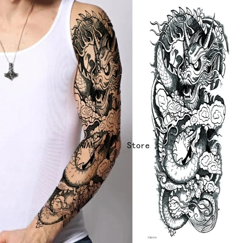 Фото Водостойкая татуировка на всю руку, временная татуировка на ногу, черная рыба, драго, мужские и женские рукава, большие поддельные искры №4