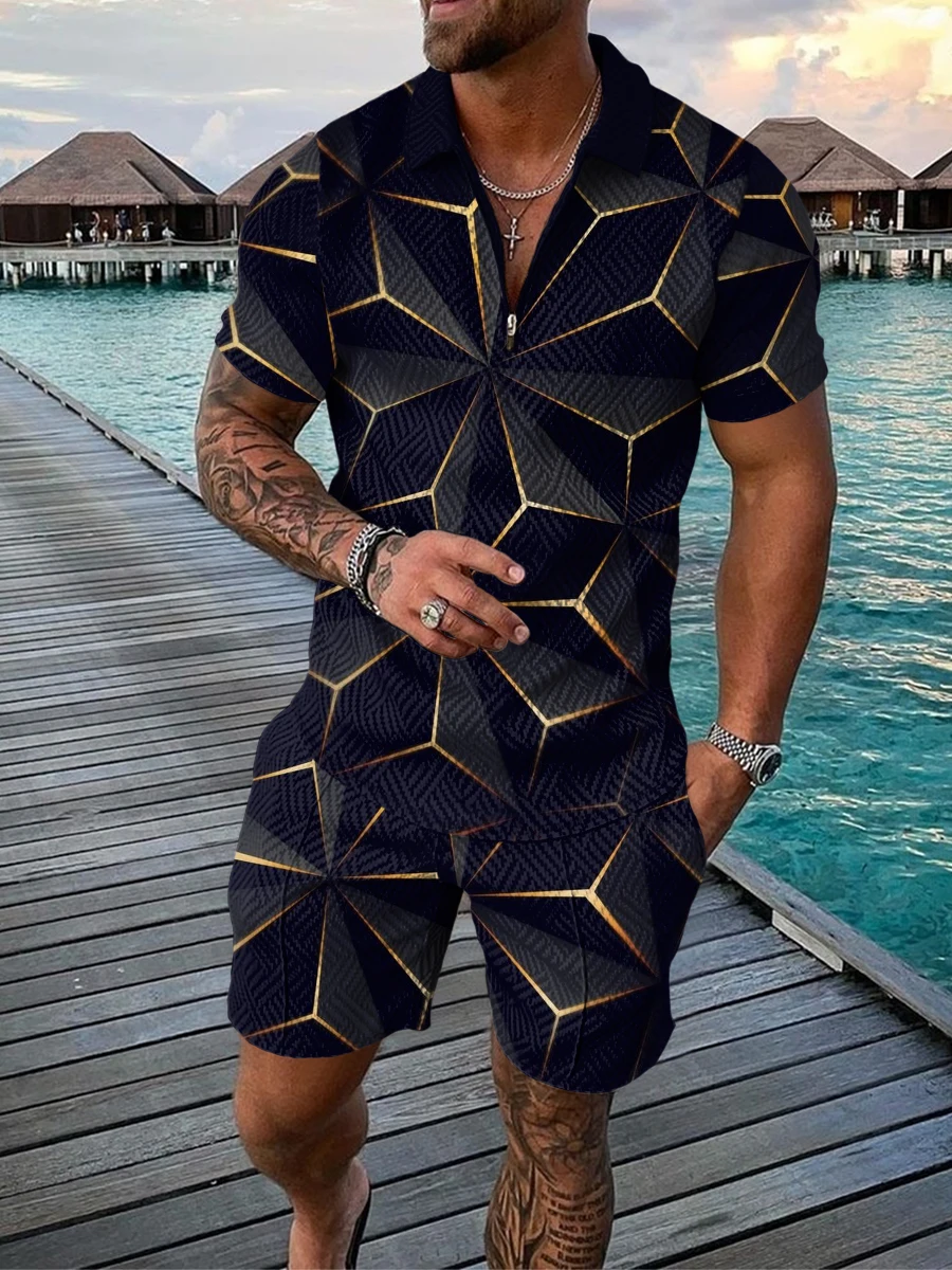 Summer Men Polo Shirts Shorts Sets High Quality Casual Tracksuit 2 Piece Suits 3D Print Lapel Social T-Shirt Luxury Man Clothing