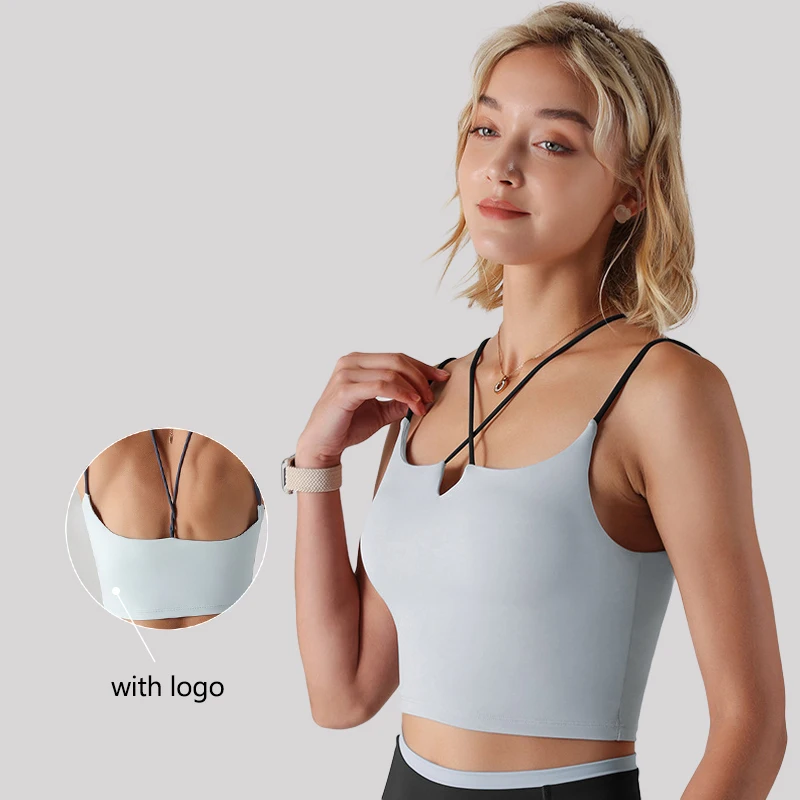 

With Logo Ladies Sexy Small V Thin Strap Back Cutout Yoga Lingerie Shockproof Push Up Sports Bra with Chest Pad Fitness Camisole