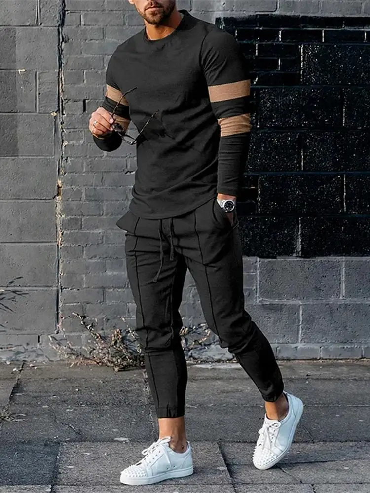 

Мужской весенне-осенний винтажный спортивный костюм, повседневная футболка с длинным рукавом + брюки, костюм-двойка, мужская одежда 2023, уличная спортивная одежда
