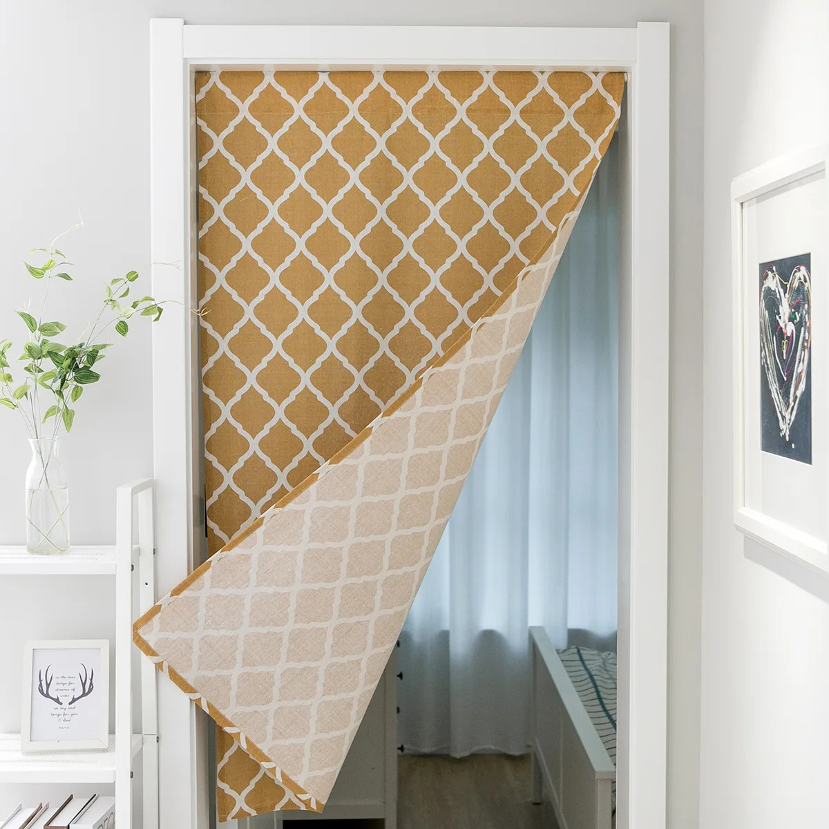 

Curtains Cantoniere Khaki Geometry American Door Curtain Hanging Partition Fabric Wind Water Toilet Half Without Rod