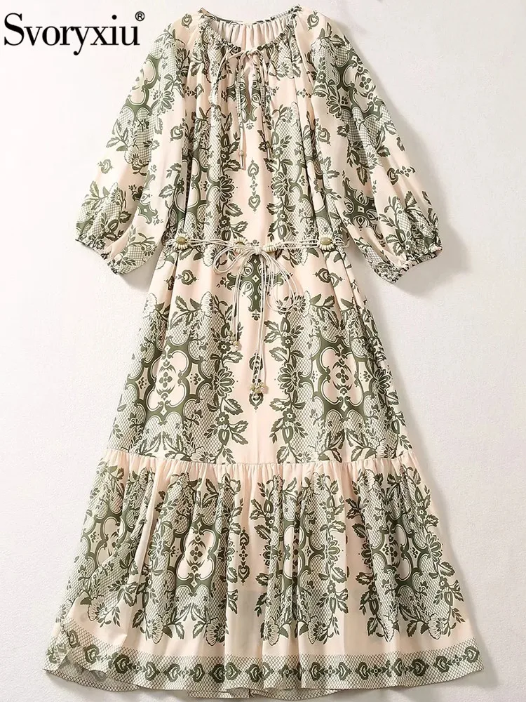 

Svoryxiu New Summer Designer Runway Vintage Print Mid-Calf Dress Women's Lantern Sleeve Ruffles Frenum Loose Waist Dress