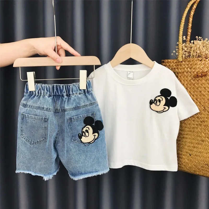 

kids clothes mickey cotton t-shirt set new fashion boy and girl cartoon short sleevet-shirt+ jean shorts set