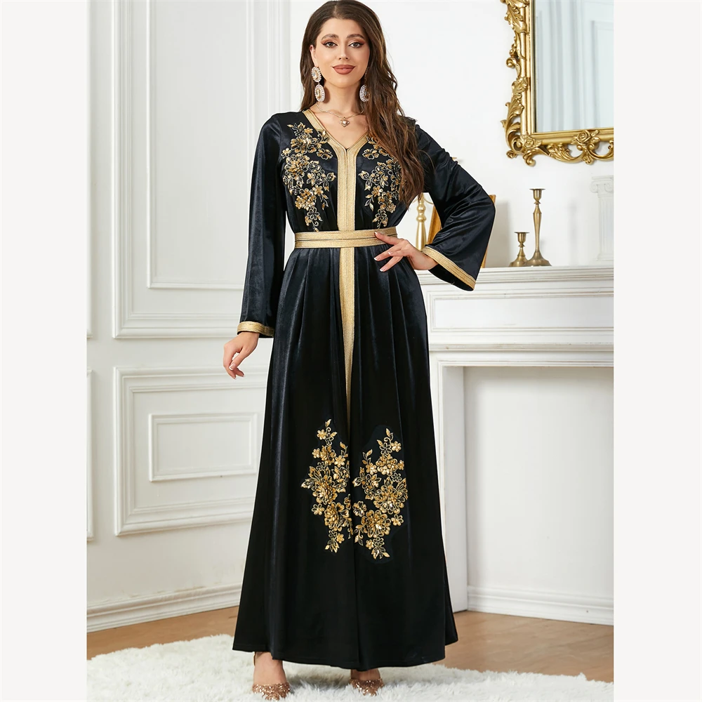 

Женское бархатное платье макси, элегантное черное платье с вышивкой