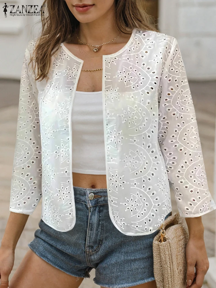 ZANZEA женский кардиган топы с круглым вырезом 2024 модные рубашки рукавами 3/4 ажурные