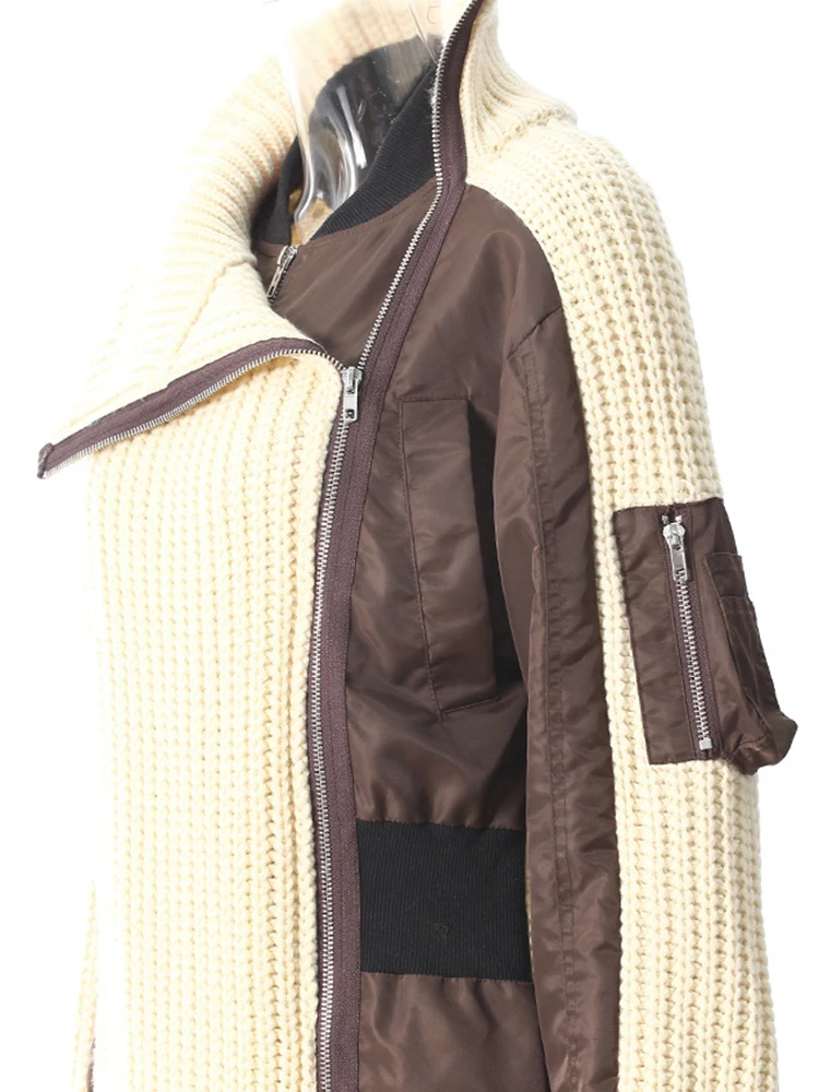 [EAM] Бежевый длинный вязаный кардиган большого размера с v-образным вырезом и