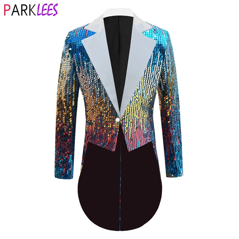 

Shiny Colorful Sequin Glitter Suit Jacket Men One Button Notched lapel Bling Suit Blazers Mens Wedding Party Stage Costume Homme