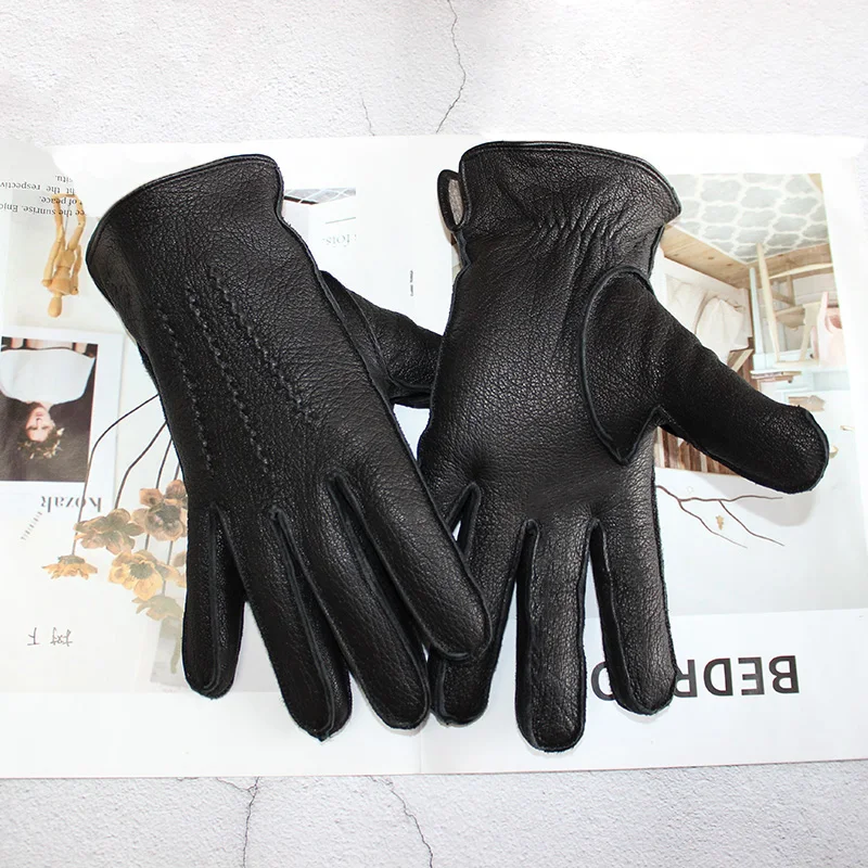 

New Deerskin Gloves Men's Leather Fashion Retro Simple Outer Seam Water Pattern Wool Lining Autumn and Winter Motorcycle Riding