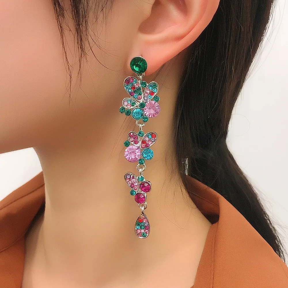 

Free Shipping Multi-layered Floral Colourful Diamond-set Stud Earrings Vintage Courtly Long For Women