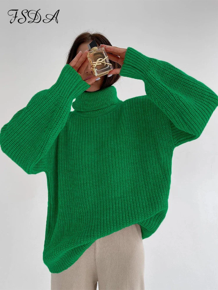 

2022 Turtleneck Oversized Sweater Casual Knitted Long Sleeve Pullover Women Green Loose Autumn Winter Khaki Jumper Vintage