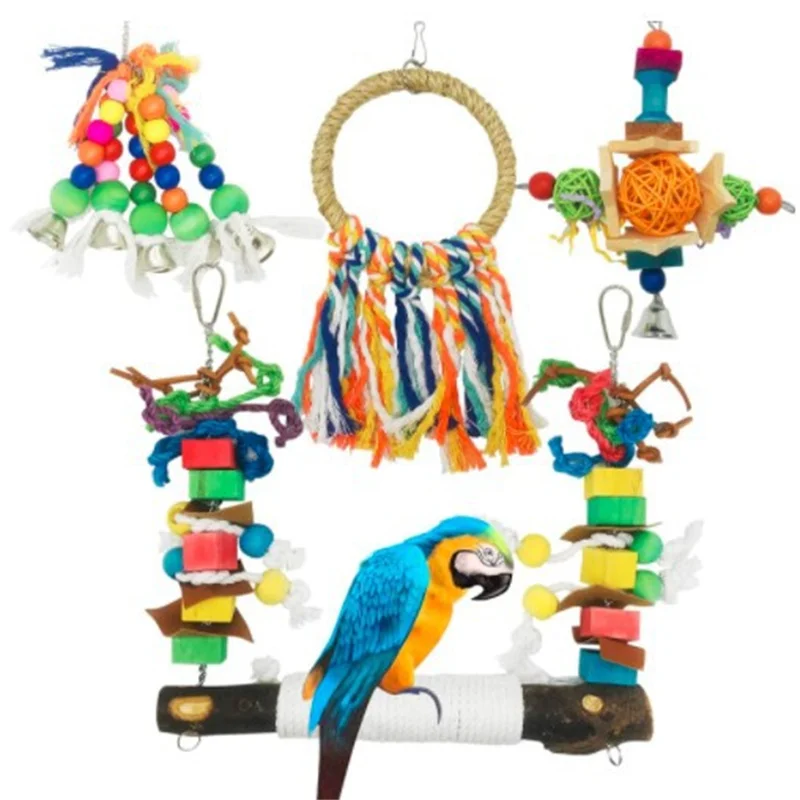 

Pet Products Bird Supplies Parrot Gnawing Toys Diy Claw Paw Dumbbell color Wood Rope Grinding Swing Station Ladder String toy