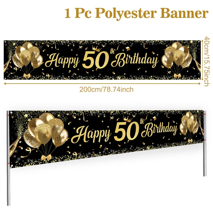 

Черный золотой баннер "С днём рождения", 50 лет