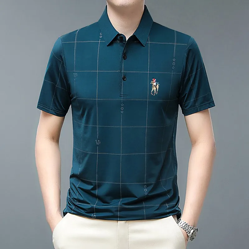 Men's summer embroidered polo shirt short sleeved casual business ice polo shirt plaid pattern T-shirt golf clothing men
