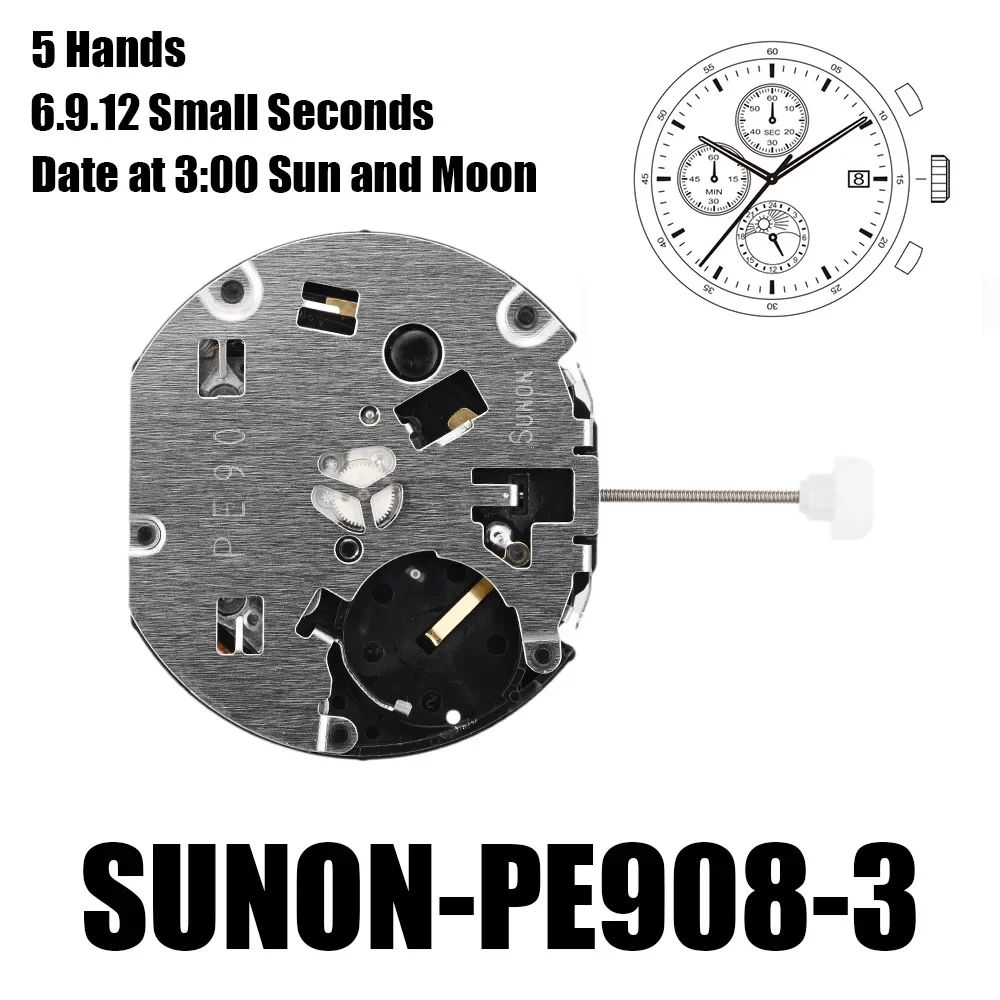 Механизм PE908 Sunon PE908-1 Mov Milf Sun and Moon 5 стрелок 6 9 12 дата малых секунд на 3:00
