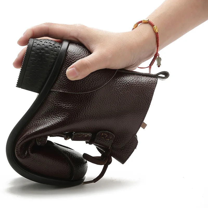 Genuine Leather Boots for Woman Winter Plush Round Toe Ladies Retro Ankle Boot Female Autumn Women Thick Bottom Booties Shoes