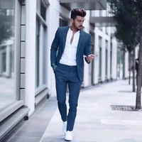 fashion suits for men navy blue slim fit 2 piece jacket pants set formal groom prom wedding tuxedo male office business blazer