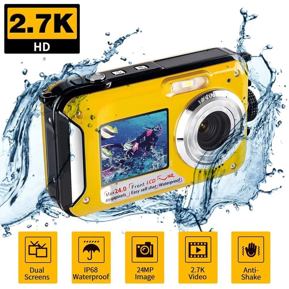 

Dual Screen Underwater Digital Camera Selfie Video Recorder Waterproof Anti-Shake 1080P FHD 2.4MP Support TF Card 32GB 16X Zoom