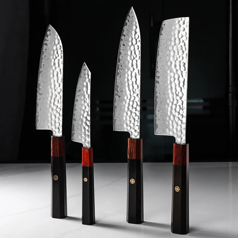 

4 PCS Knives Set Damascus VG10 Steel Blade Sharp Cleaver Utility Santoku Slicing Paring Nakiri Chef Kitchen Knives Wood Handle