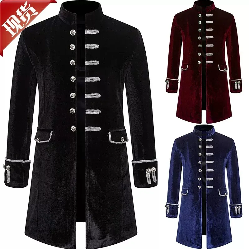European And American Men'S Coat, Solid Color, Fashion, Personality, Retro Velvet Uniform, Stand Collar, Stage Performance Unifo