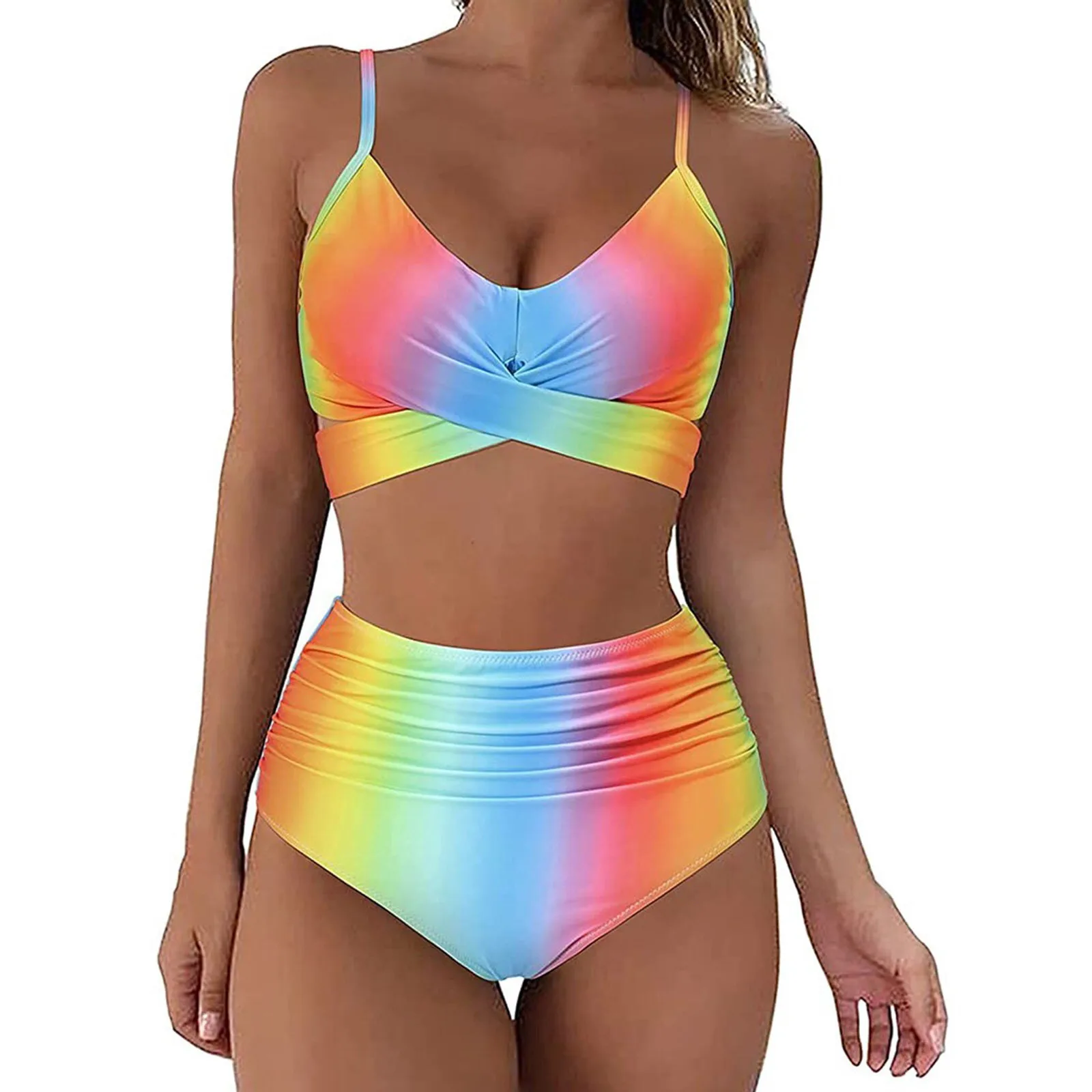 

2022 Women Color 2pack Print High Waisted Bikini Swimsuit Bandage Split Push Up Two-piece Tankini Swimsuit Beachwear Swimwear
