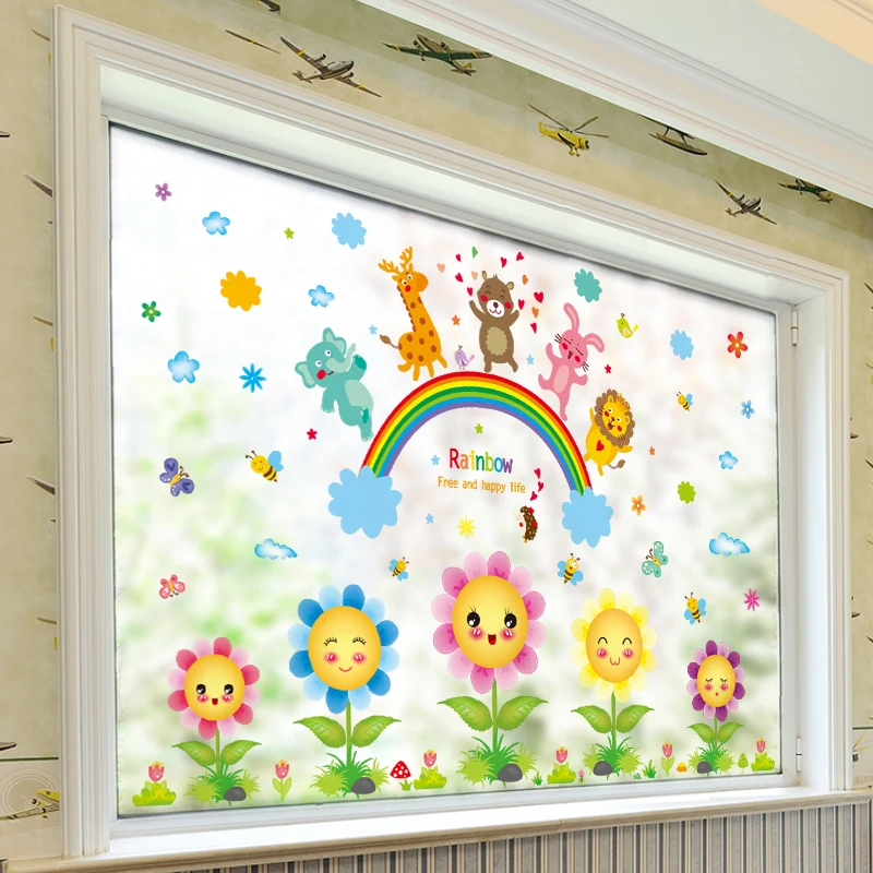 

[shijuekongjian] Sunflowers Plants Wall Stickers DIY Animals Rainbow Wall Decals for Living Room Kids Bedroom House Decoration