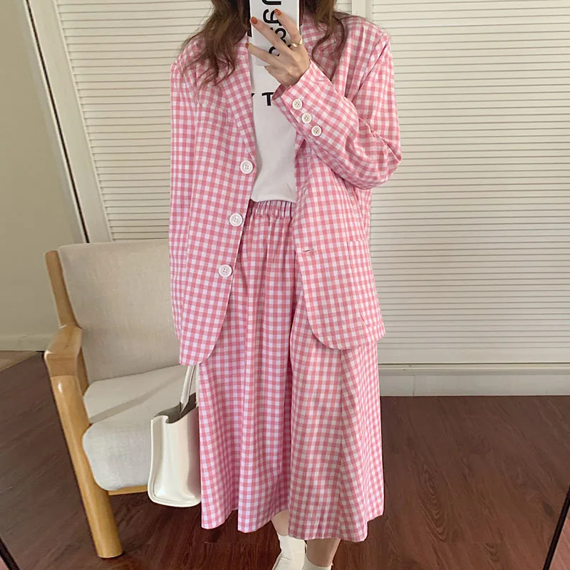 2021 Korean Chic Plaid Jacket Women Fashion Geometric Casual Elegant Office Ladies Long Sleeve Loose OL Lapel Blazers Sweet Pink