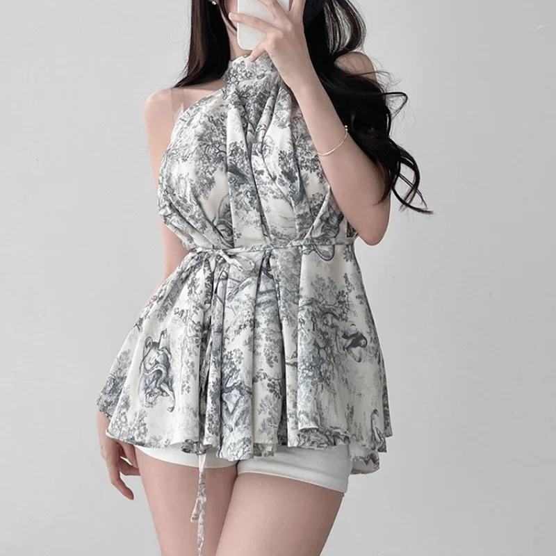 Женская Винтажная летняя рубашка с принтом чернил и открытыми плечами