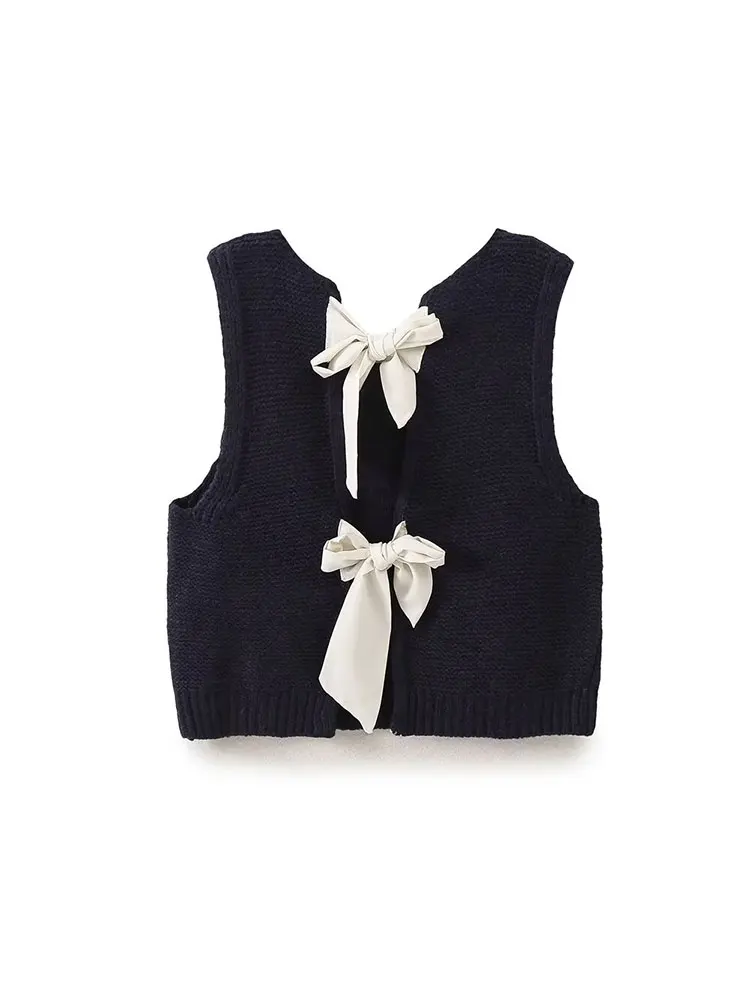 Женский трикотажный кардиган с бантом без рукавов круглым вырезом