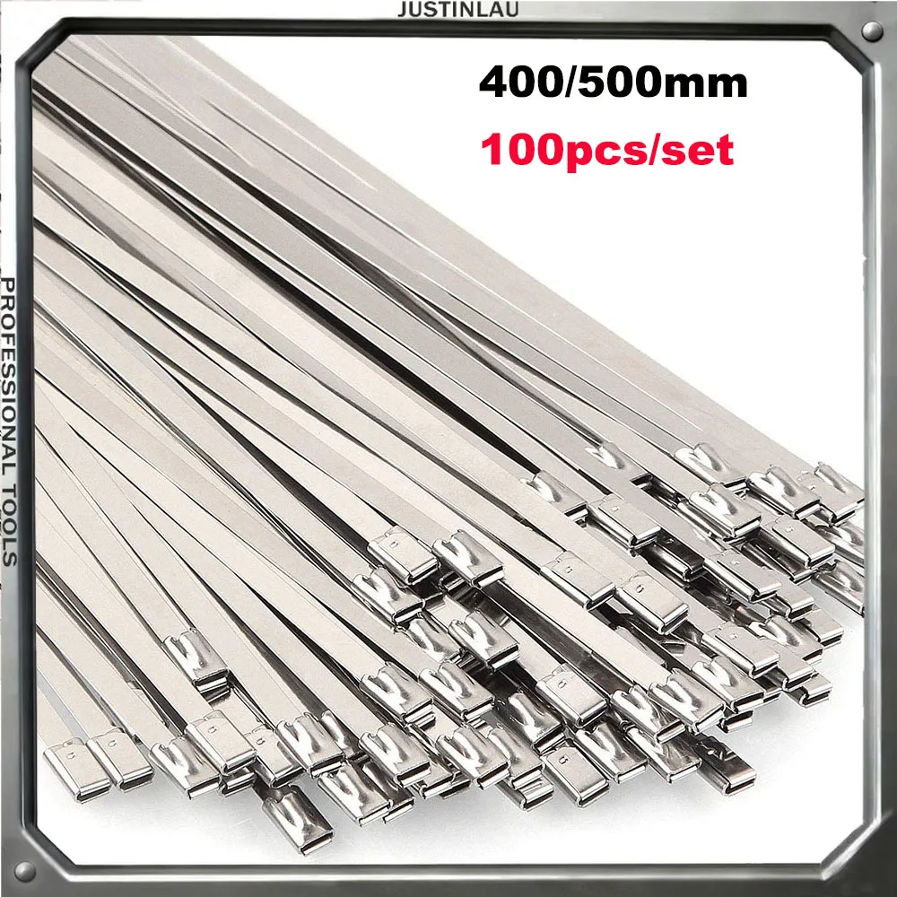 304 # Кабельные стяжки из нержавеющей стали, длина 400/500 мм, самоблокирующиеся кабельные стяжки на молнии, многофункциональная металлическая выхлопная пленка, фиксирующие стяжки, 100 шт.