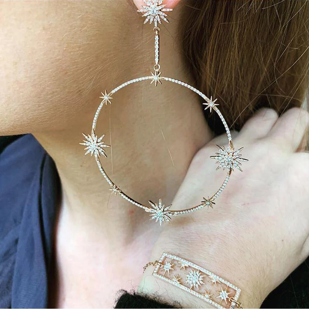 

European Fashion exaggerate Big Earring micro pave cz hollow starlight starburst round dangle dangling Luxury earring for women